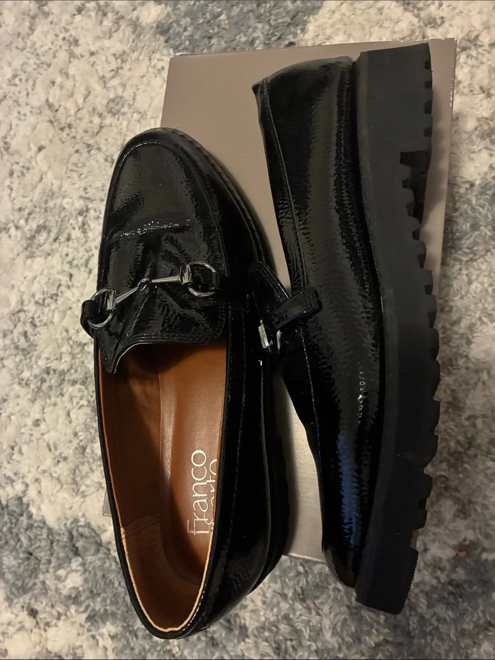 Franco Sarto Black Patent Lug Sole Loafers - Picture 6 of 12